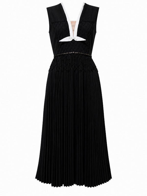 【新品DRESS 469】バイカラーパイピングリボンモチーフプリーツミディアムドレス ブラック【MODELIVREE】